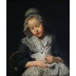 JOHN BOWEN, 20TH CENTURY OIL ON CANVAS Portrait of a young lady knitting, signed lower right, gilt