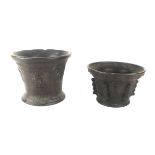 TWO ANTIQUE CONTINENTAL BRONZE MORTAR BOWLS A heavy gauge mortar with applied armorial crests of a