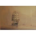 DAVID C. BELL, BN 1950, MARINE WATERCOLOUR Titled 'Thessalus', tall ship with steam ship, signed