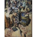 A 20TH CENTURY OIL ON BOARD, BUSY AFRICAN MARKET SCENE Indistinctly signed, unframed. (45cm x 61cm)
