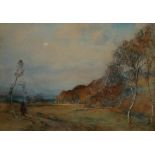A 19TH CENTURY WATERCOLOUR, LANDSCAPE, SHEEP AND FIGURE ON HORSEBACK Indistinctly signed, dated