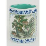A CHINESE FAMILLE VERT PORCELAIN LOBED VASE With fine painted landscape panels, bearing square
