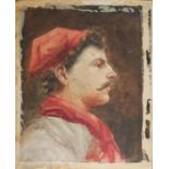 A 19TH CENTURY CONTINENTAL WATERCOLOUR PORTRAIT Profile view of a gent wearing a red hat and