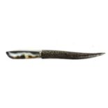 A CONTINENTAL AGATE, WHITE METAL AND NIELLO ENAMEL DAGGER Having a carved brown agate handle and