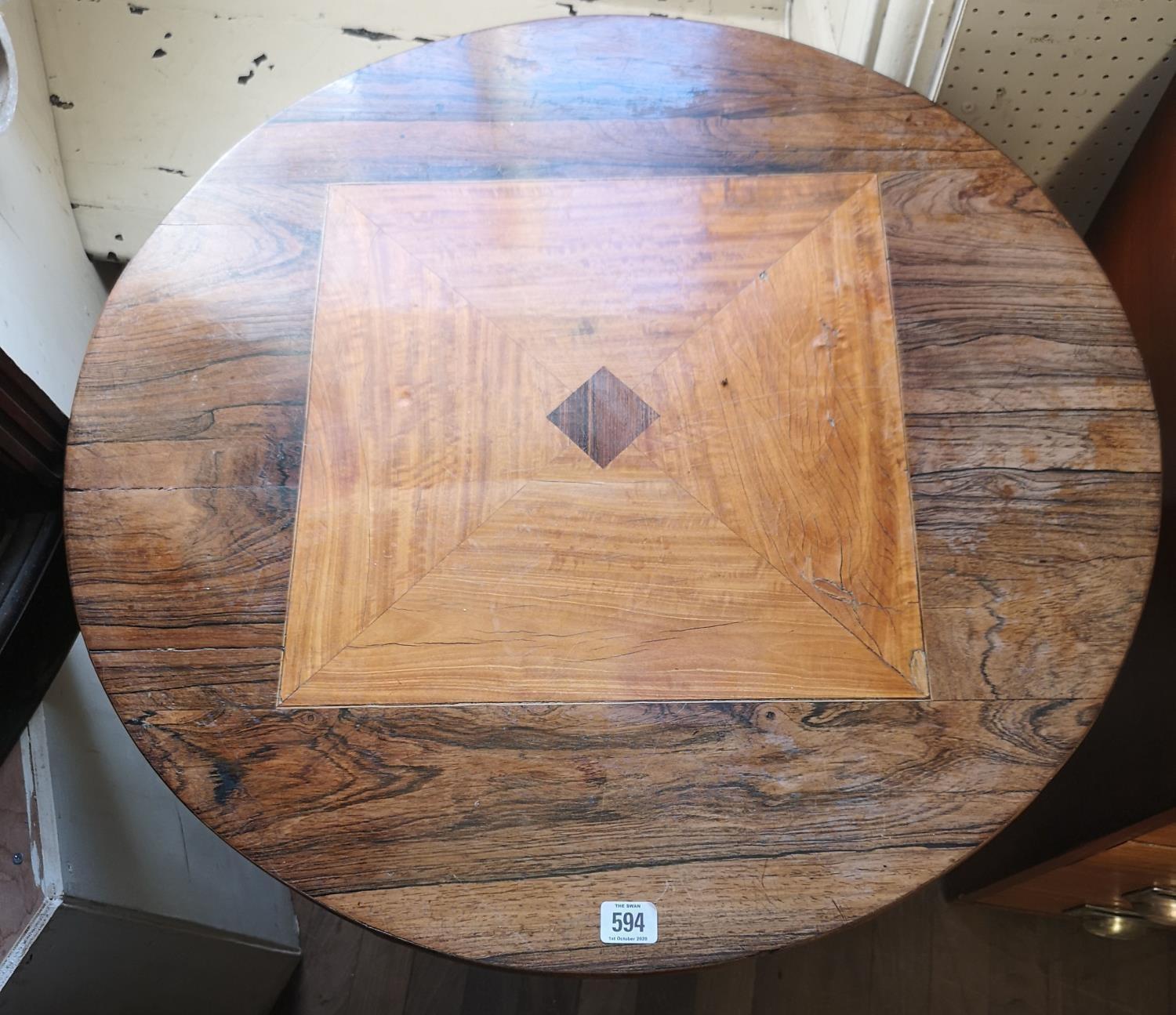 A 19TH CENTURY FRENCH ROSEWOOD SUPPER TABLE The inlaid circular top raised on a turn cannon barrel - Image 3 of 4
