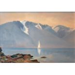 A MID 20TH CENTURY OIL ON BOARD, MARINE SCENE Solitary sailboat, bearing label verso 'Lake