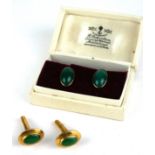 A VINTAGE PAIR OF 9CT GOLD AND JADE EARRINGS Having cabochon cut stones, in a fitted velvet lined