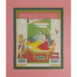 A KANGRA SCHOOL WATERCOLOUR INTERIOR SCENE Maharaja seated on an elaborate table with monkey figure.