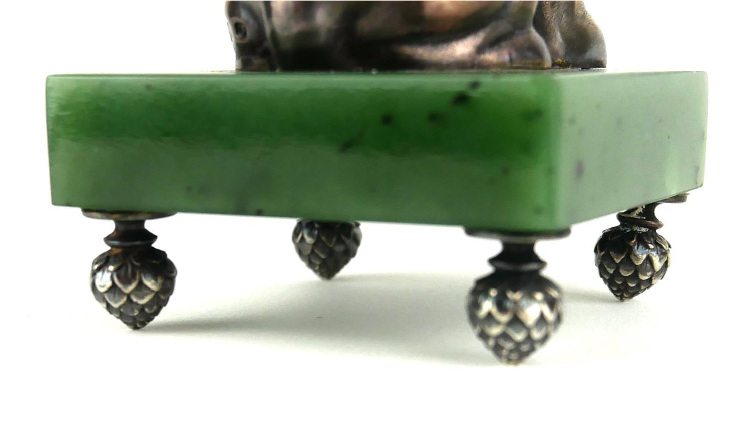 A RUSSIAN SILVER AND NEPHRITE JADE BULLDOG PAPERWEIGHT Seated pose with garnet eyes, bearing ' - Image 12 of 13