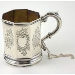 A VICTORIAN SILVER OCTAGONAL CHRISTENING MUG With engraved Rococo form cartouches, hallmarked '