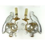 A PAIR OF 19TH CENTURY CUT ROCK CRYSTAL WALL SCONCES Carved as perched parrots on classical form