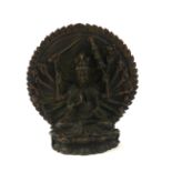 A CHINESE BRONZE MULTI ARMED BODHISATTVA FIGURE Seated pose with many arms, on a double lotus