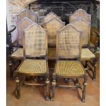 A SET OF SIX INCLUDING TWO CARVERS QUEEN ANNE DESIGN WALNUT DINING CHAIRS With cane seats and backs.