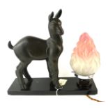 AN ART DECO SPELTER DEER MOUNTED LAMP Young deer with glass flame design electric light shade on