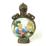 A CHINESE WHITE METAL AND FAMILLE ROSE PORCELAIN SNUFF BOTTLE, embossed case with two porcelain