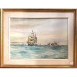 AUBREY RAMOS, 1895 - 1950, WATERCOLOUR Ships offshore, signed, mounted, framed and glazed. (67cm x