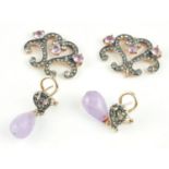 A PAIR OF 9CT GOLD, AMETHYST AND PASTE DROP EARRINGS Having faceted amethyst drops, together with