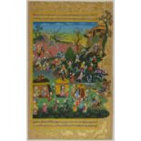 A PERSIAN WATERCOLOUR IN THE STYLE OF INDO-PERSIAN SCHOOL, LANDSCAPE Hunting scene with camp and