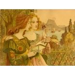 A. POINT, 1897, COLOURED PRINT ART NOUVEAU MAIDENS Mounted, gilt framed and glazed. (55cm x 46cm)