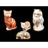ROYAL CROWN DERBY, A COLLECTION OF FOUR PORCELAIN CAT PAPERWEIGHTS 'Fifi MMXIV', 'Cat 1V' and two