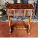 A VICTORIAN OLIVE WOOD AND MARQUETRY INLAID WORK TABLE The cartouche top bearing the word