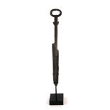 A CHINESE BRONZE DAGGER Pierced loop handle on black perspex stand. (approx 28cm)