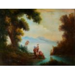 A 19TH CENTURY OIL ON CANVAS, ITALIAN WOODED RIVER LANDSCAPE With young lady carrying a water jar,