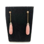 A PAIR OF 18CT GOLD, PINK CORAL AND OLD CUT DIAMOND DROP EARRINGS, CIRCA 1900.