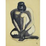 A CONTEMPORARY OIL ON CANVAS, PORTRAIT Nude study of a lady with head bowed on yellow ground, signed