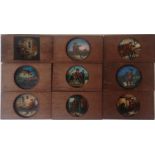 NINE VICTORIAN GLASS PICTORIAL MAGIC LANTERN SLIDES.