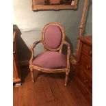 AN 18TH CENTURY FRENCH HEPPLEWHITE OPEN ARMCHAIR In later purple silk upholstery, acanthus carved