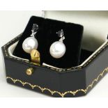 A PAIR OF SAPPHIRE, DIAMOND AND PEARL DROP EARRINGS. (0.7cm)