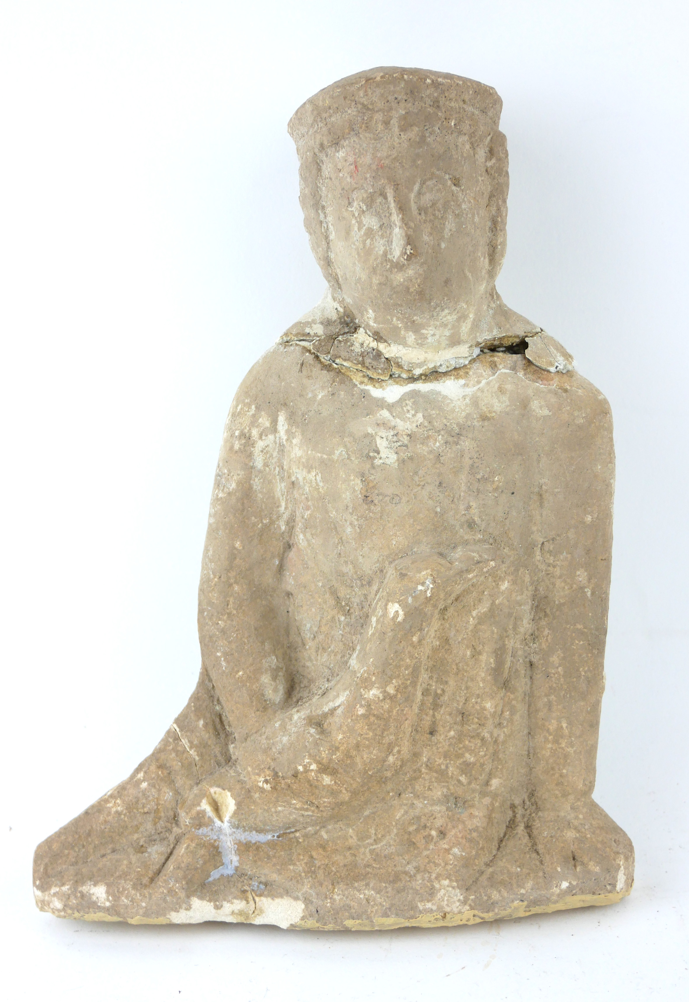 AN ANCIENT TERRACOTTA GROUP Of a noble man holding a bind, Middle Eastern region