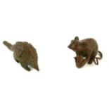 TWO JAPANESE BRONZE MINIATURE SCULPTURES, A FIELD MOUSE WITH CORN AND AN ARMADILLO. (approx 6cm)