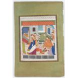 AN INDIAN WATERCOLOUR IN THE STYLE OF 19TH CENTURY KANGRA SCHOOL, INTERIOR SCENE Fine painting of