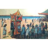 ROSS FOSTER, B. 1960, OIL ON CANVAS Beach scene with Punch and Judy show, signed, unframed. (115cm x