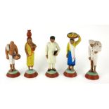 A SET OF FIVE LATE 19TH/EARLY 20TH CENTURY INDIAN PAINTED PLASTER FIGURES Hand painted, in