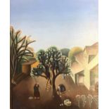 LOJKOMOEVA, RUSSIAN, 20TH CENTURY OIL ON CANVAS Fruit pickers in a stylised landscape, signed