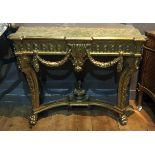 A ROCOCO DESIGN GILT CONSOLE TABLE With green faux marble top above swags and urns, raised on