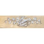 TWO DECORATIVE WOOD AND GESSO PAINTED PANELS With relief decoration in the form of trophies and