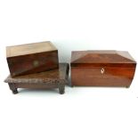 A 19TH CENTURY ROSEWOOD SARCOPHAGUS FORM TEA CADDY With ivory escutcheon and brass feet, together