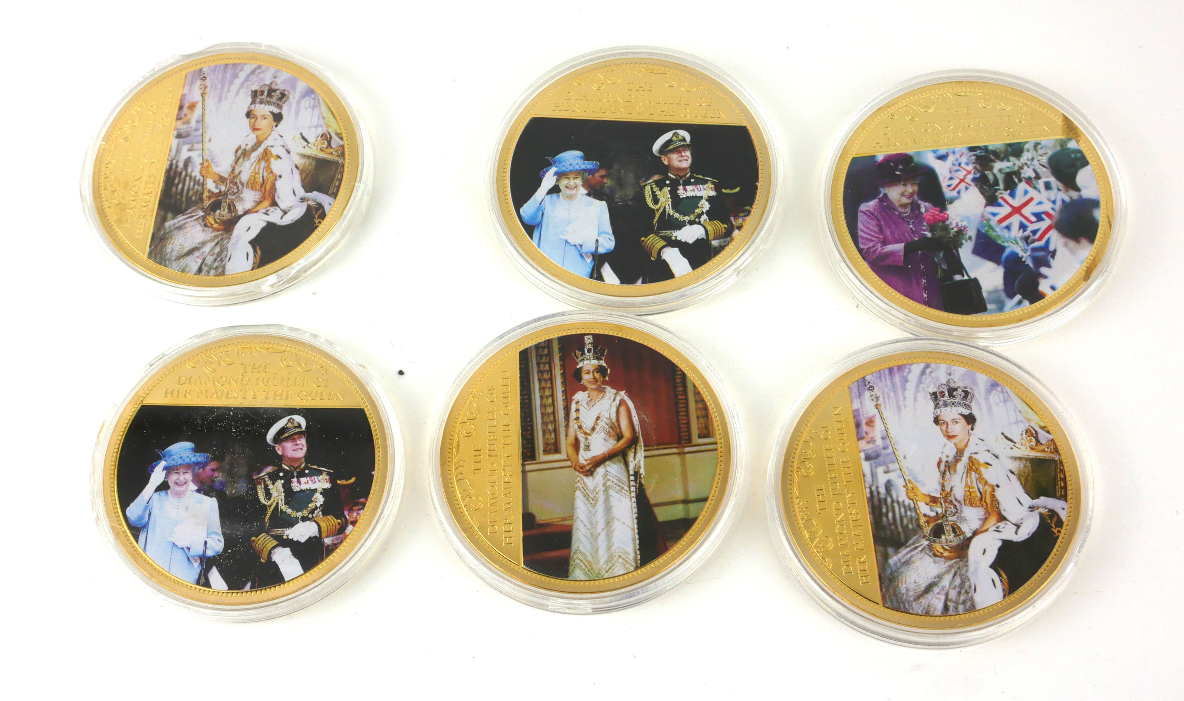 A SET OF SIX LARGE GOLD PLATE AND ENAMEL COMMEMORATIVE MEDALLIONS Embossed with Royal coat of arms - Image 2 of 2