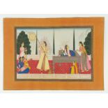 AN INDIAN WATERCOLOUR IN THE STYLE OF 19TH CENTURY IMPERIAL MUGHAL SCHOOL, INTERIOR SCENE Fine