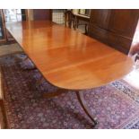 A REGENCY STYLE MAHOGANY TRIPLE PILLAR EXTENDING DINING TABLE With two extra leaves, raised on