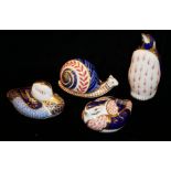 ROYAL CROWN DERBY, A COLLECTION OF FOUR PORCELAIN PAPERWEIGHTS 'Snail', 'Penguin', 'Duck' and '