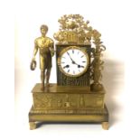 A 19TH CENTURY GILT BRONZE MANTLE CLOCK Figured with a statue of a Roman, white enamelled dial, with