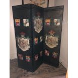 A 19TH CENTURY DESIGN THREEFOLD DRESSING SCREEN Decorated with coats and of arms. (165cm x 188cm)