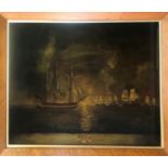A PAIR OF EARLY 20TH CENTURY REVERSE GLASS PICTURES War ships of the fleet and scene, birdseye maple