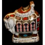 ROYAL CROWN DERBY, A LARGE PORCELAIN ELEPHANT PAPERWEIGHT 'Standing Pose with Saddle', decorated