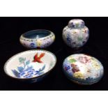 A COLLECTION OF CHINESE CLOISONNÉ ITEMS Comprising a ginger jar and cover, powder box, bowl and